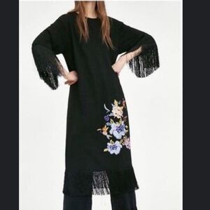Zara Black Midi Dress with Floral Embroidery